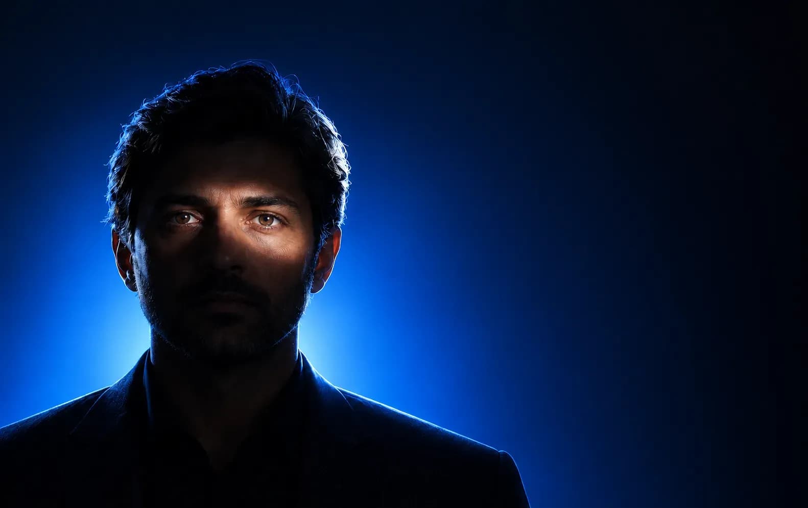 A professional illuminated by a focused beam of light against a blue lit background