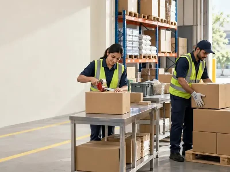 Warehouse staff packing cartons for dispatch at a distributor