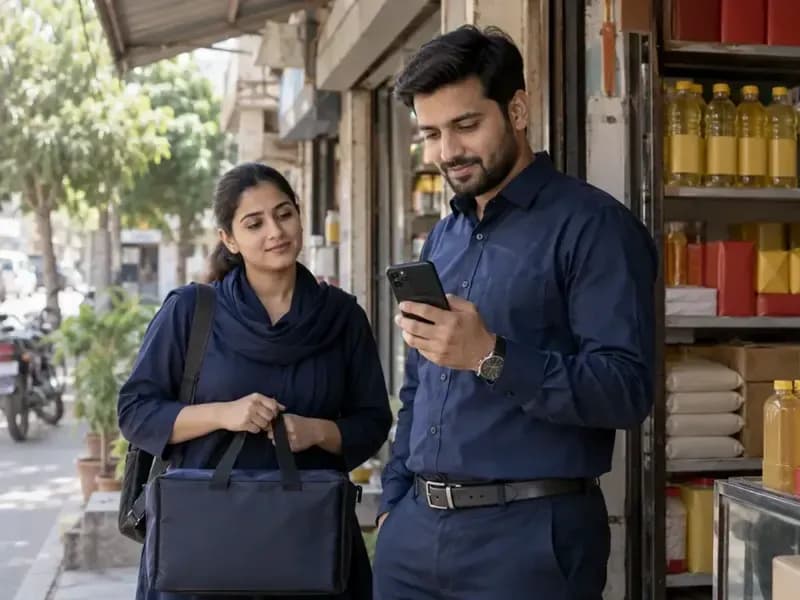 A manager and a field representative in a market street, checking a phone