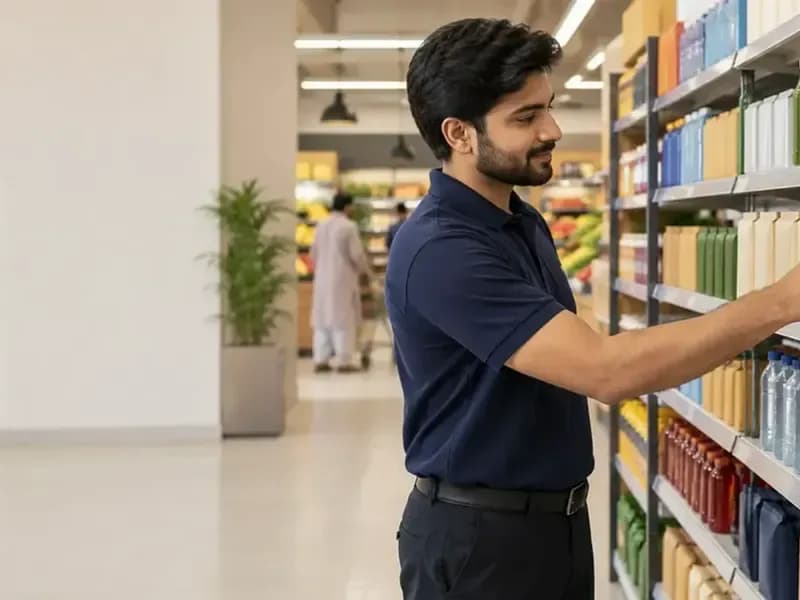 A manager checking products on a store shelf